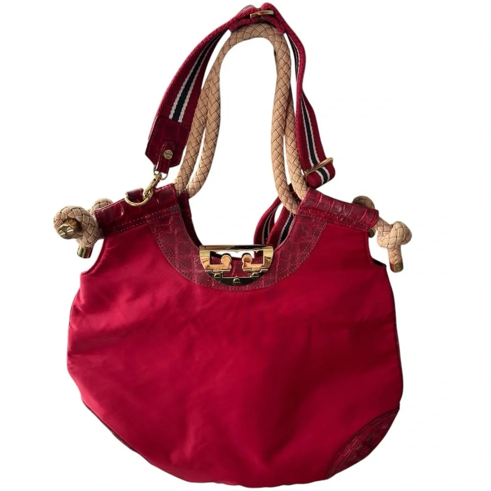 Tory Burch Red Nylon Croc Embossed Rope Handle Shoulder Hobo Bag